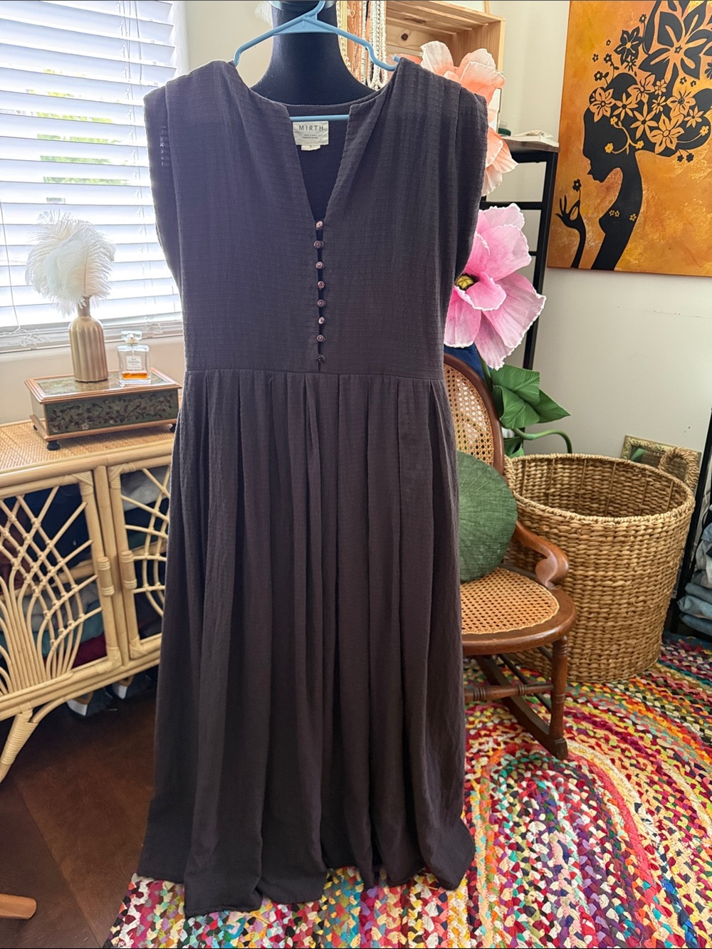 Mirth Earthy Brown Textured Button Detail Artisan Hedge Witch Midi Maxi Dress